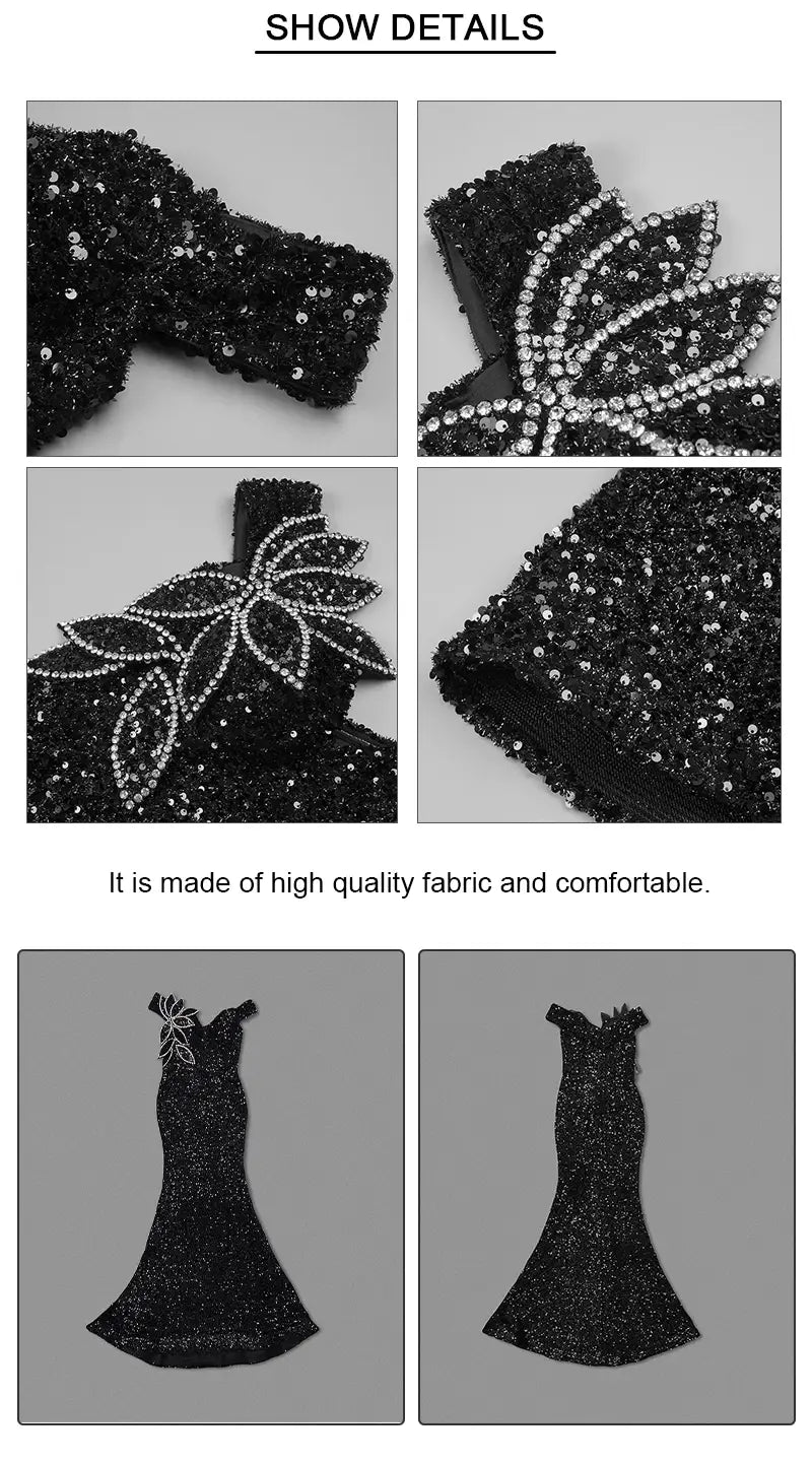 Stunning black diamante sequin evening gown with sparkly beaded leaf motifs.