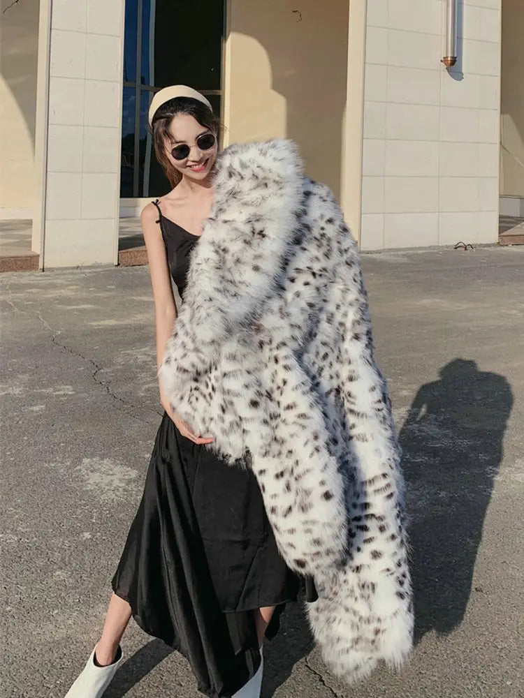 Women’s Knee Length Mink Fur Coat with Leopard Print Style