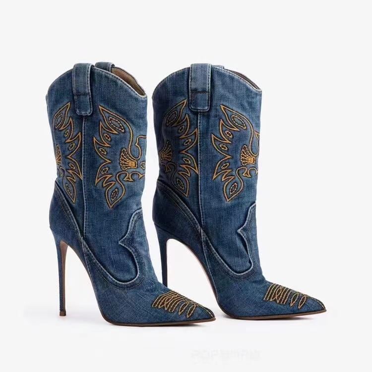 Denim Stiletto Cowboystiefel mit Goldstickerei für Damen im Western Cowboy Stil.