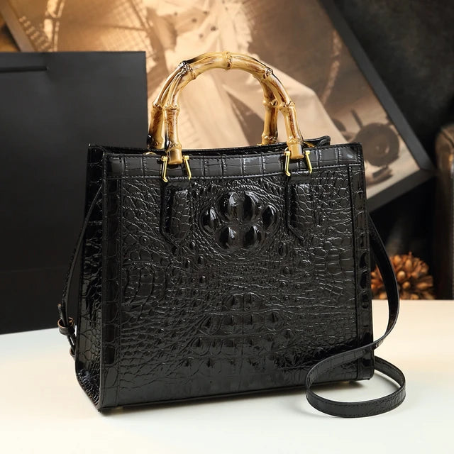 Genuine Leather Bamboo Handle Crocodile Pattern Ladies Handbag - Pleasures and Sins   Pleasures and Sins