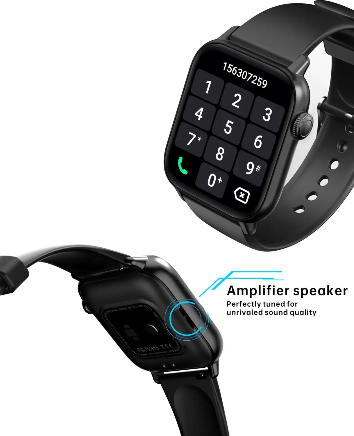 Montre intelligente Smartpulse Ai noire avec clavier, amplificateur et fonction de surveillance de la fréquence cardiaque.