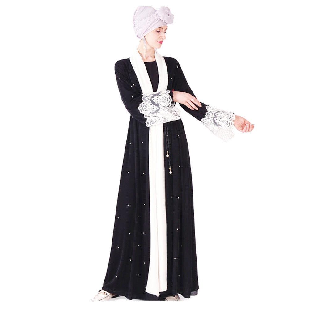 Ladies Black Beaded Muslim Robe With Lace Cuffs - Pleasures and Sins   Pleasures and Sins