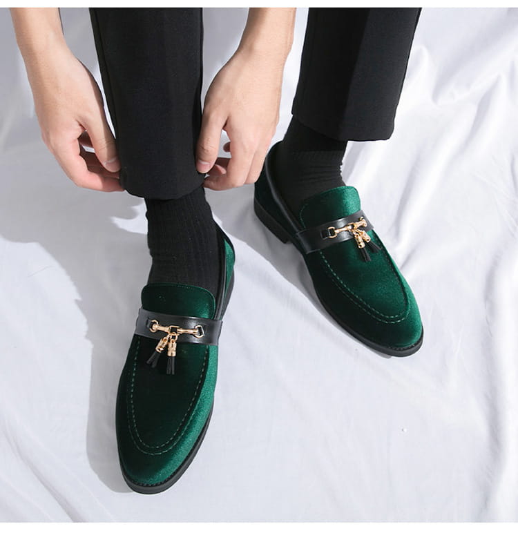 Emerald green velvet loafers with gold tassels for Men’s British Style Velour Moccasin.