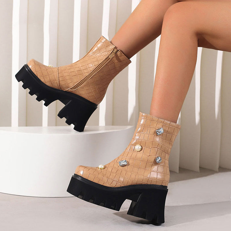 Rhinestone Thick Bottom British Style Square Toe Boots - Pleasures and Sins   Pleasures and Sins