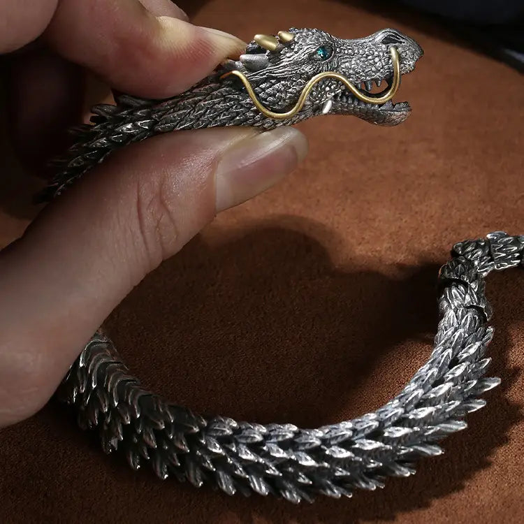 Ornate Silver Plated Mens Retro Dragon Bracelet with golden accents and detailed scales.