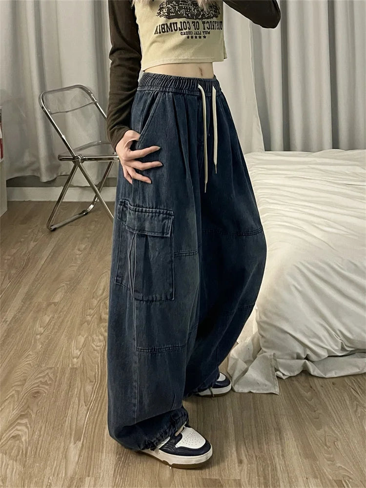 Womens Vintage Blue Oversized Cargo Streetwear Retro Wide Leg Jeans - Pleasures and Sins   Pleasures and Sins