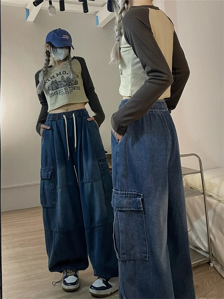 Womens Vintage Blue Oversized Cargo Streetwear Retro Wide Leg Jeans - Pleasures and Sins   Pleasures and Sins