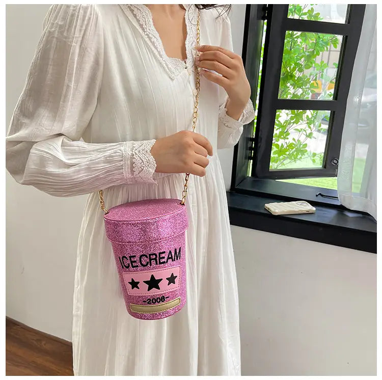 Sequin crossbody small round bag In shape of ice cream pot