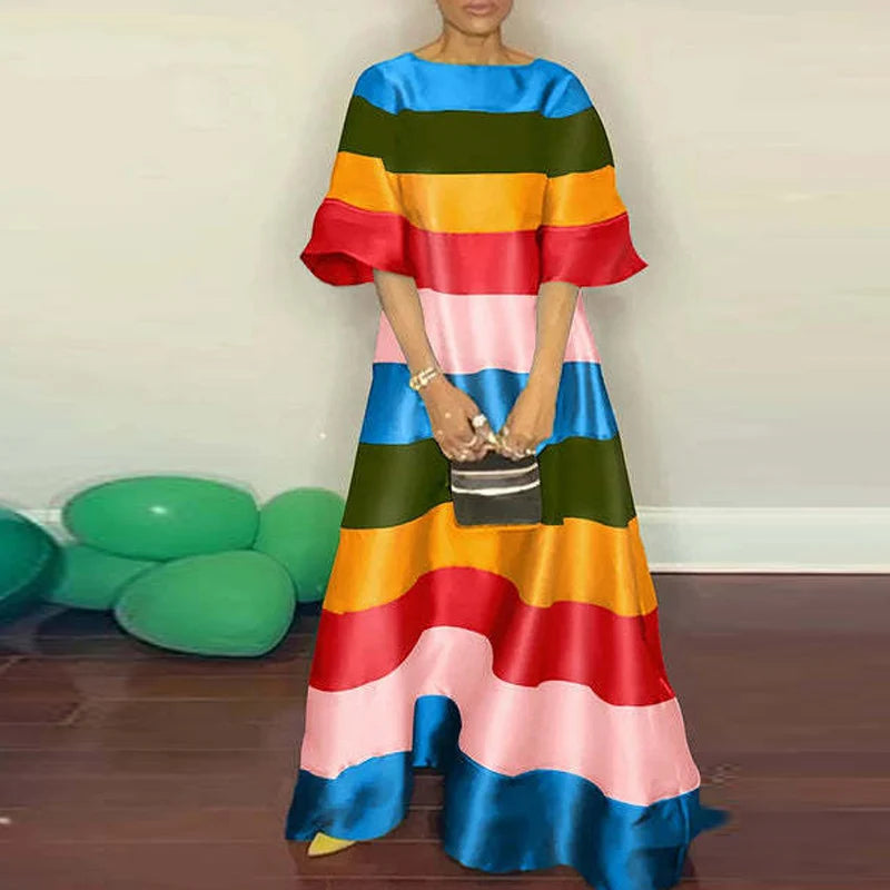 Luxury Rainbow Striped Womens Evening Dress Elegant Loose Short Sleeve - Pleasures and Sins   Pleasures and Sins