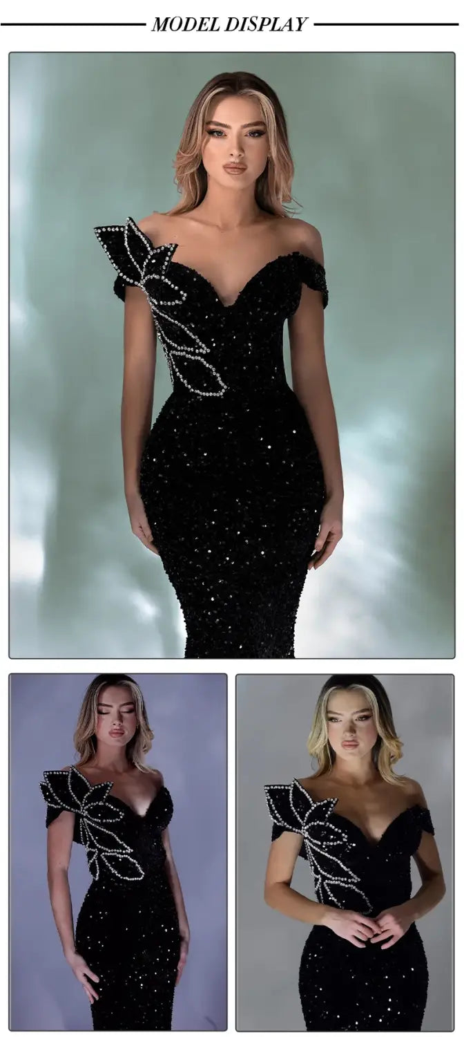 Elegant Black Diamante Sequin Evening Gown with Off-Shoulder and Floral Detailing.