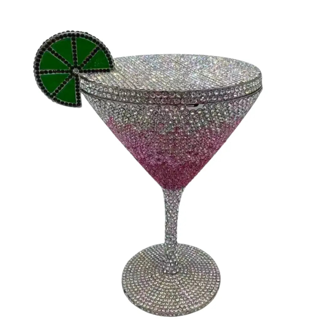 Pochette de cocktail en forme de verre, cloutée et ornée de strass