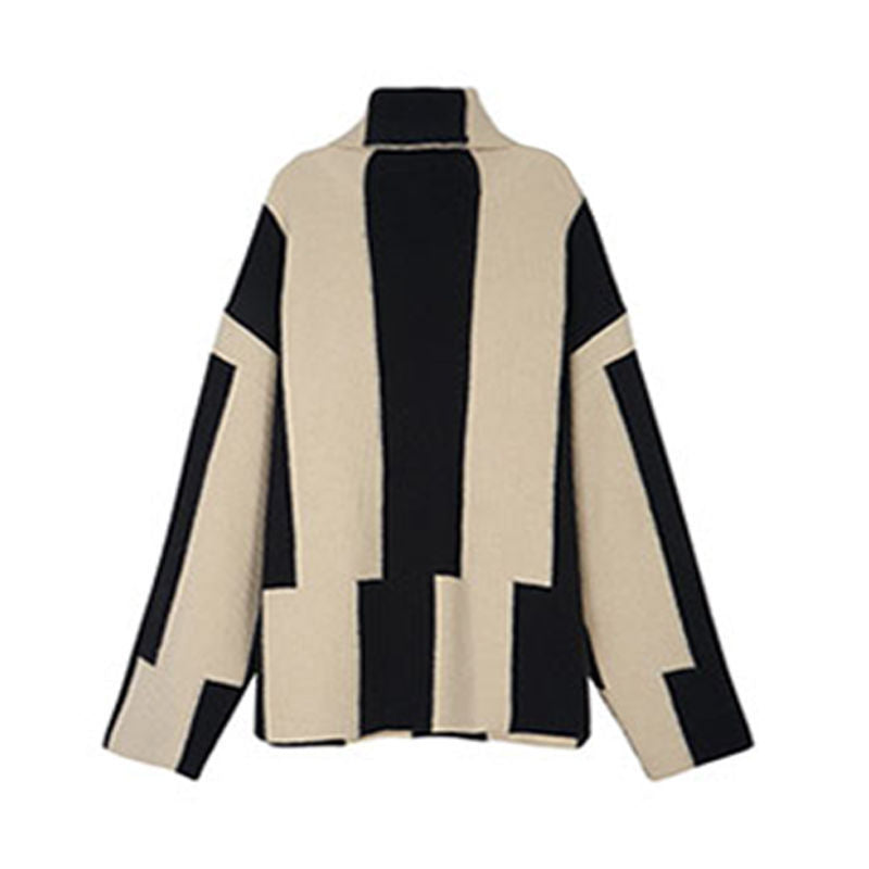 High neck black and white soft knit striped sweater for women