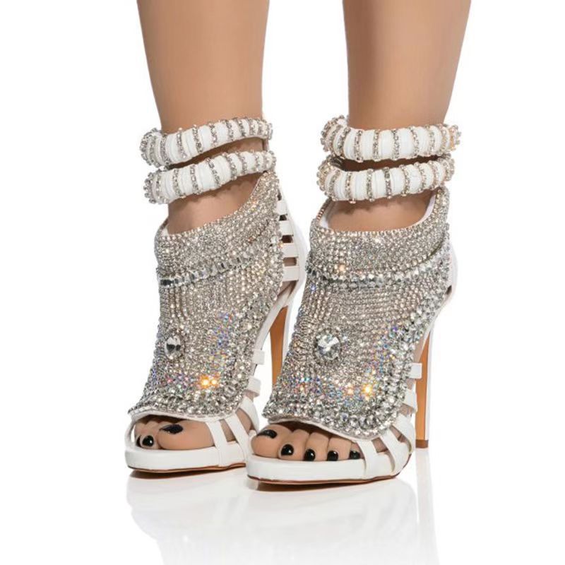 Rhinestone Covered Stiletto Heel Open Toe Sandals With Embellished Ankle Detail