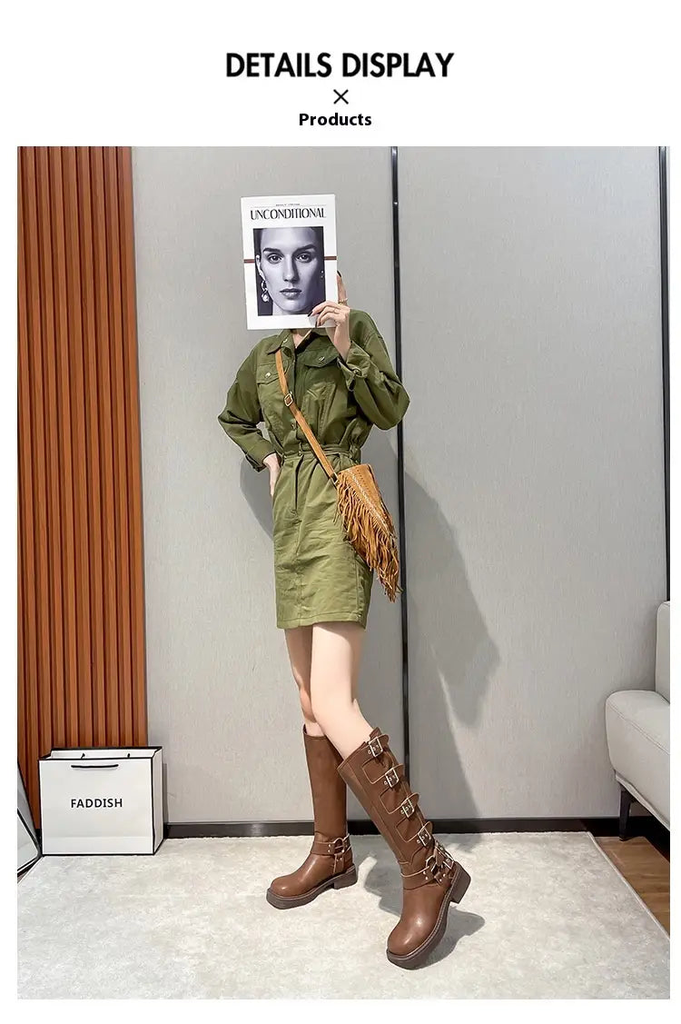 Olive green utility dress with brown Genuine Leather Chunky Heel Belt Buckle Knight Boots.