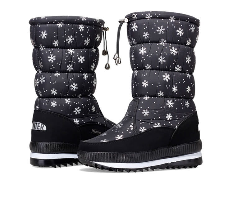 Black winter boots with snowflake patterns, perfect multicolor padded snow boots for adventures.