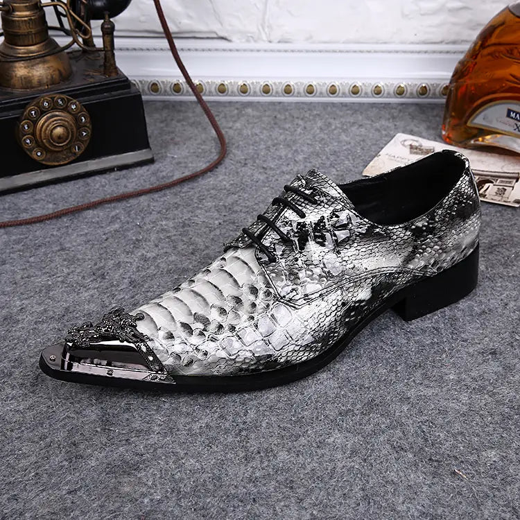 Stylish metallic silver and black snakeskin men’s formal office shoes with metal toe cap.