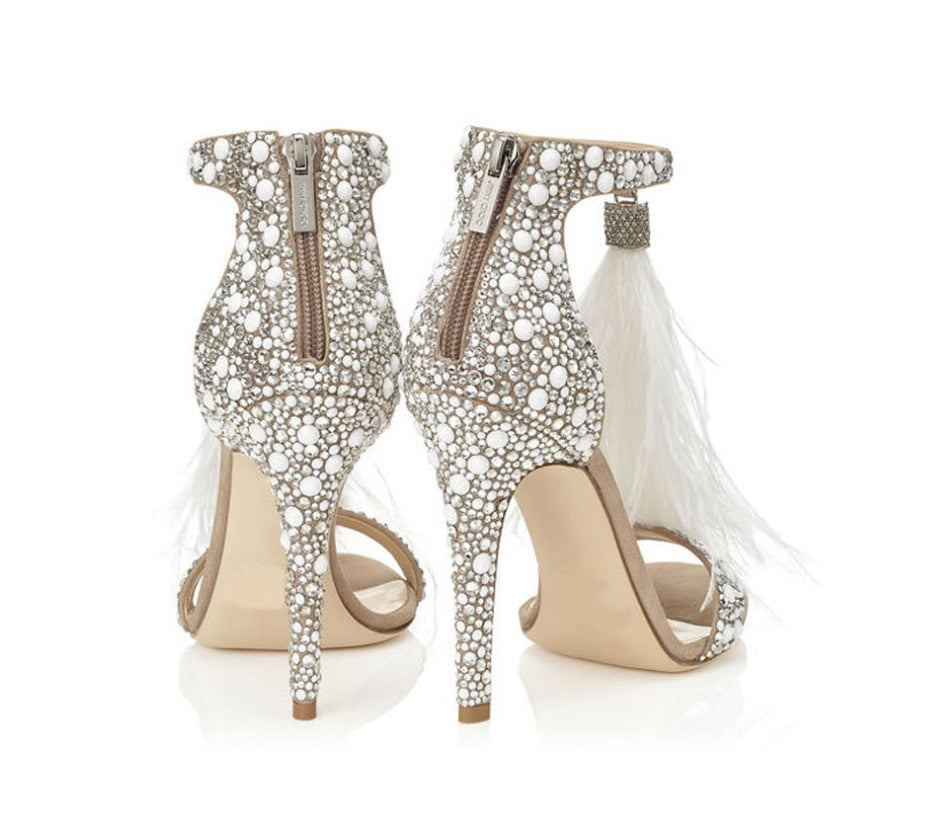 Ladies Rhinestone Wedding Shoes Sexy Feather Sandals Diamante Shoes