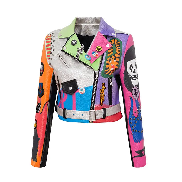 Veste de moto pour femmes en cuir imprimé graffiti Pu