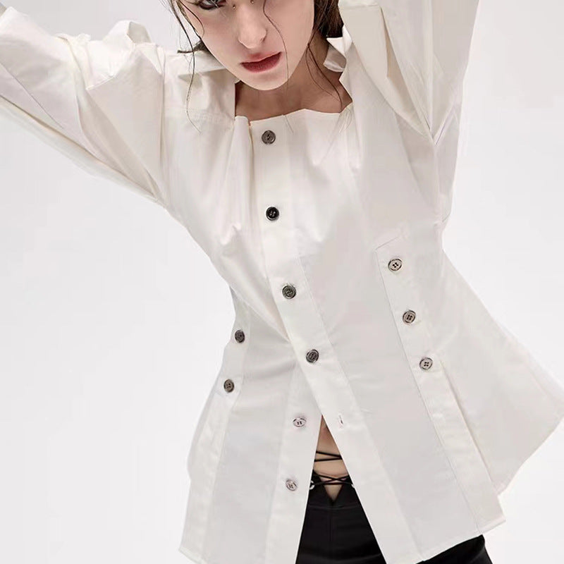 Shirt waist cinching slimming mid length shirt jacket for women - Pleasures and Sins   Pleasures and Sins