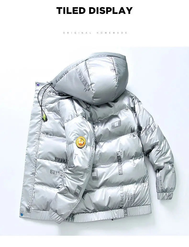 Silver metallic hooded shiny quilted padded bubble coat for men, stylish and warm.