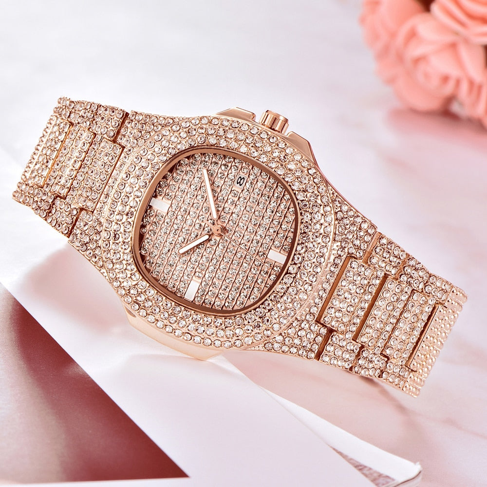 Mens Luxury Diamond Quartz Watch Gold Steel Business Watch Deluxe - Pleasures and Sins   Pleasures and Sins