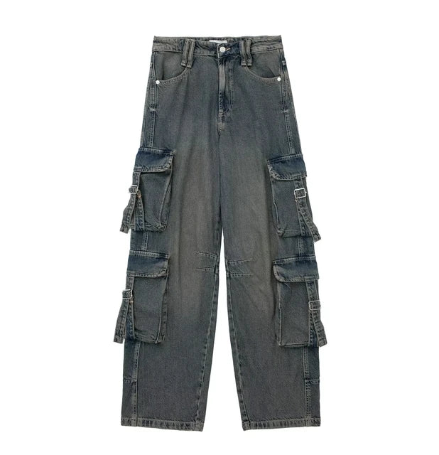 Womens Denim Cargo Long Pants Vintage Casual Street Loose Trousers - Pleasures and Sins   Pleasures and Sins