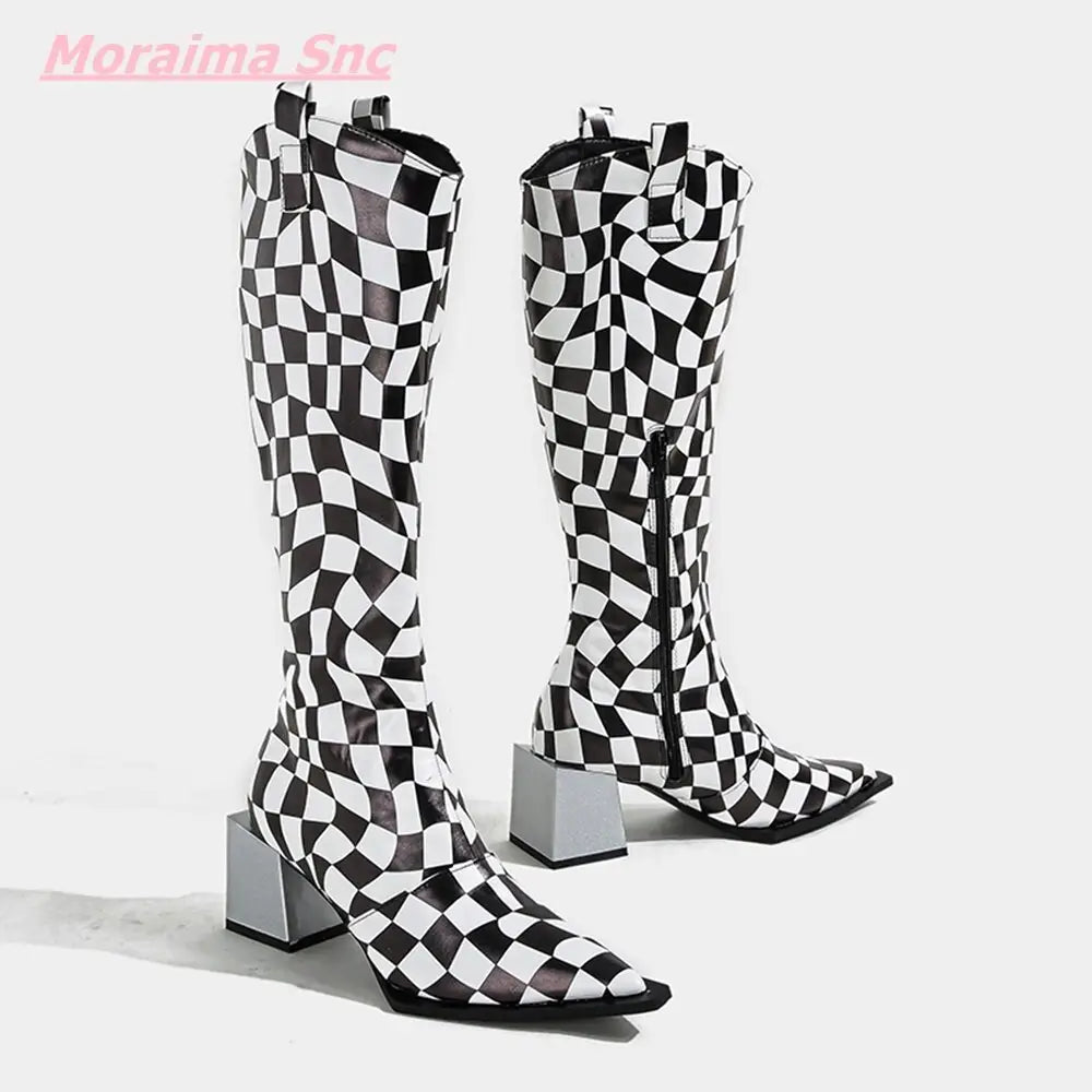 Knee-high black white checkerboard pointed women’s boots with chunky square heels.