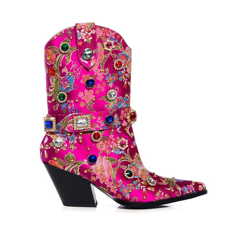 Womens Gemstone embellished Wedge Heel Satin Ankle Western Boots - Pleasures and Sins   Pleasures and Sins