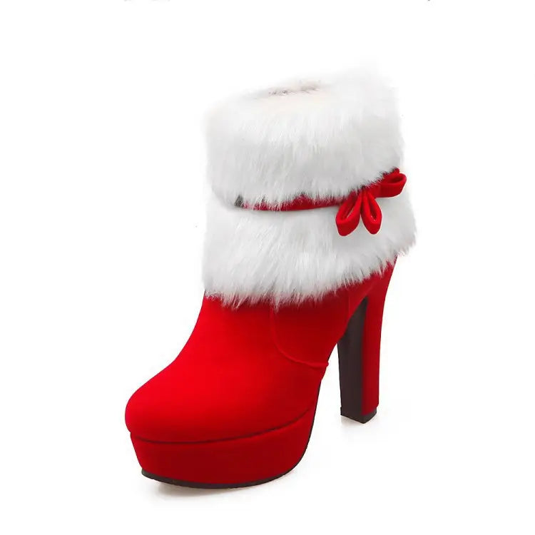 Red high-heeled boot with white fur trim, perfect for plush winter Christmas heel party booties.