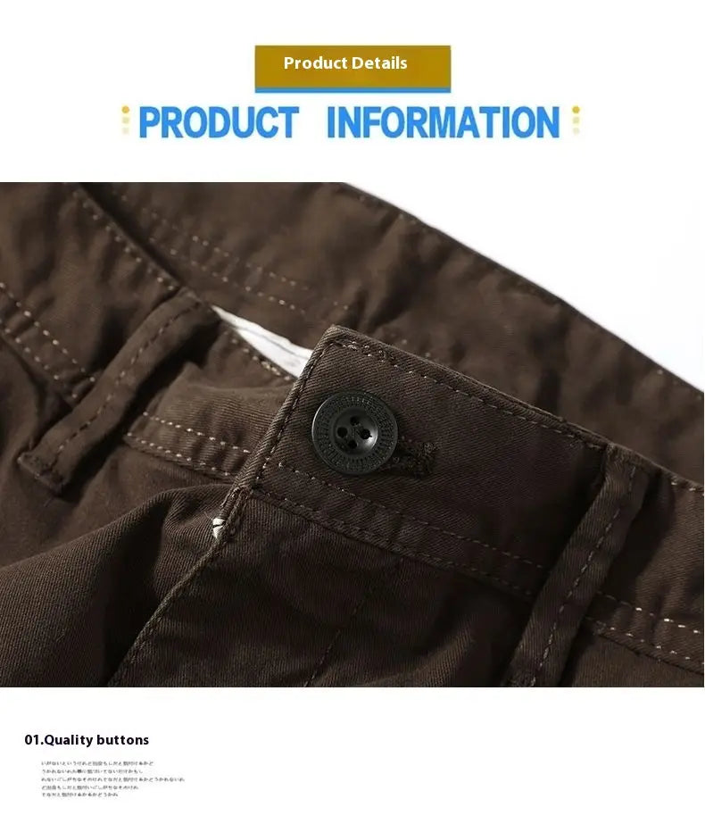 Dark brown slim fit elastic cargo trousers button and waistband with stitching details