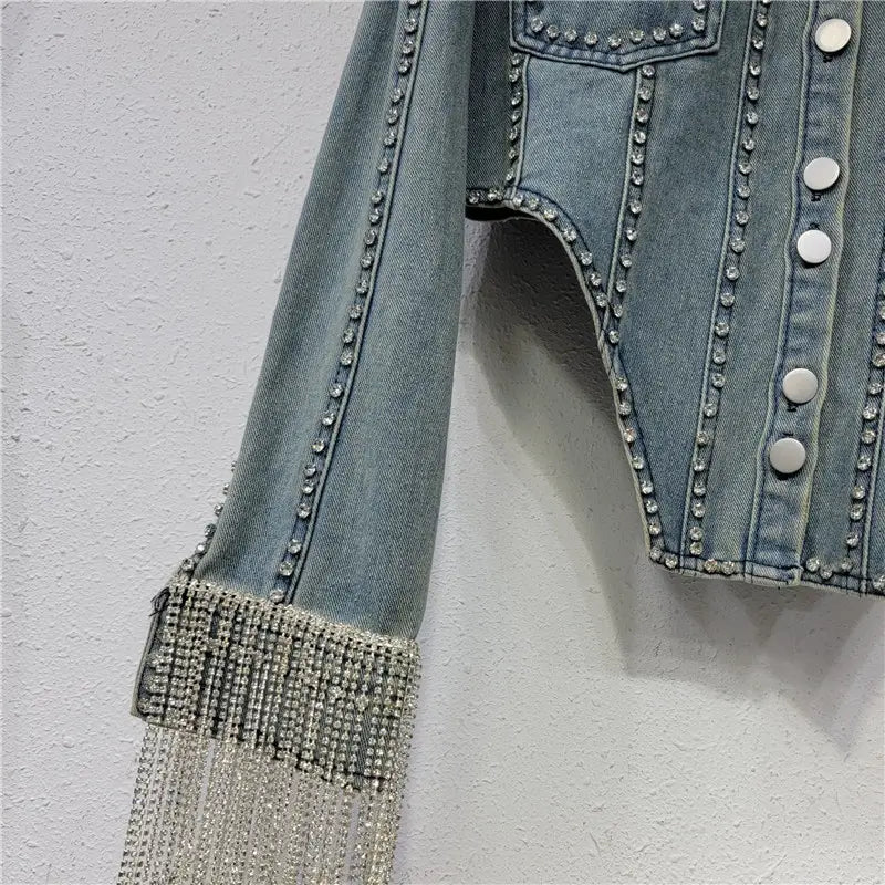 Veste en denim épais à chaîne en diamant pour femmes, design de niche