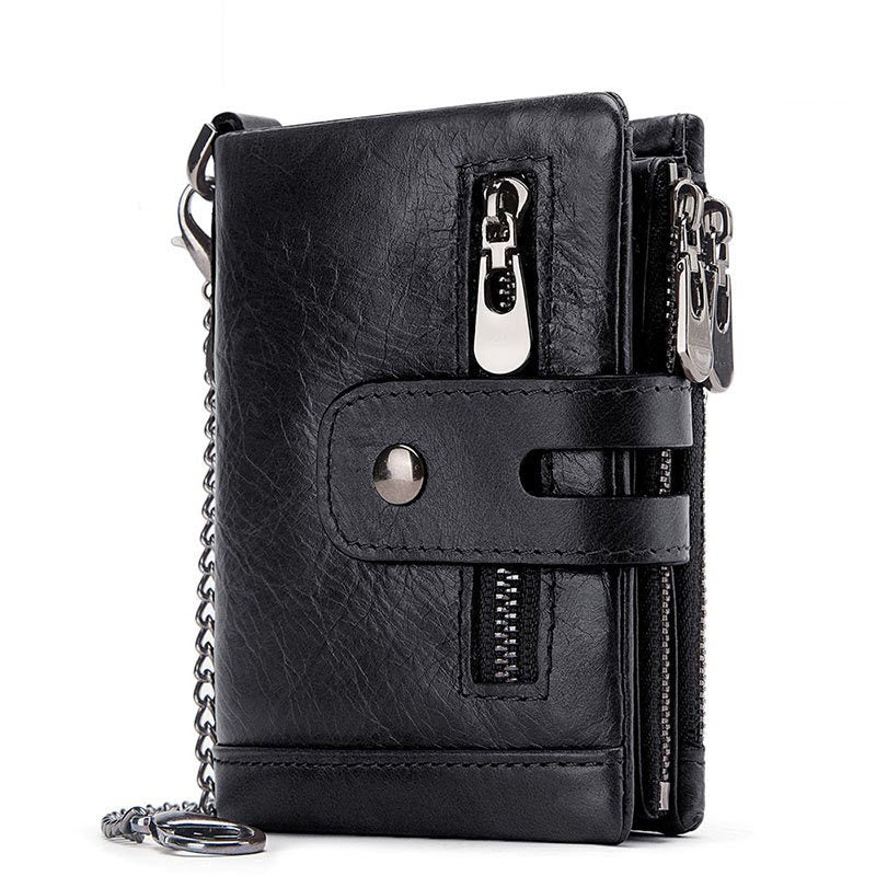 Mens short genuine leather wallet with zip and chain detail - Pleasures and Sins   Pleasures and Sins