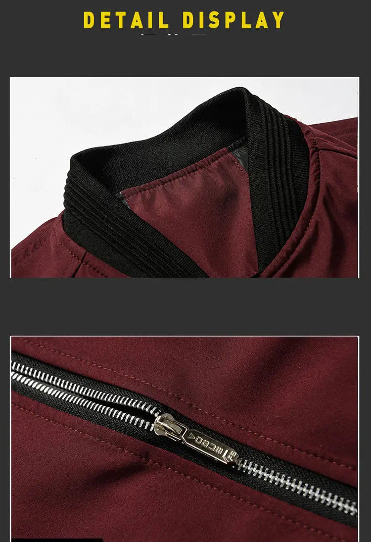 Burgundy casual Harrington style hooded zipper jacket with black trim and silver zippers.