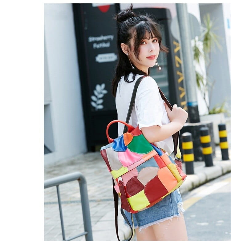 Colorful patchwork backpack showcasing genuine leather womens multicolour design.