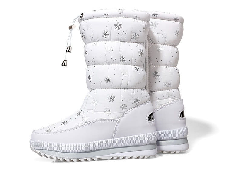 Cozy Thermal Multicolor Padded Snow Boots featuring white puffy design and silver snowflakes