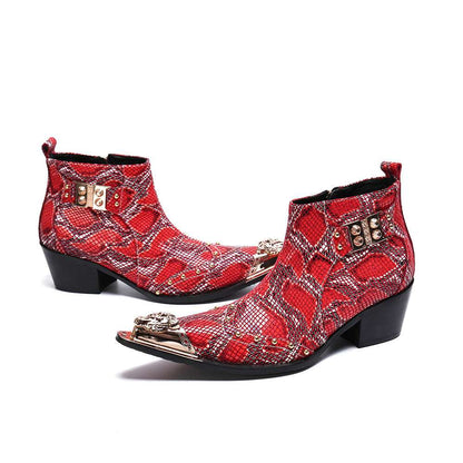 Mens Snake Print Short Leather Metal Toe Buckle Boots