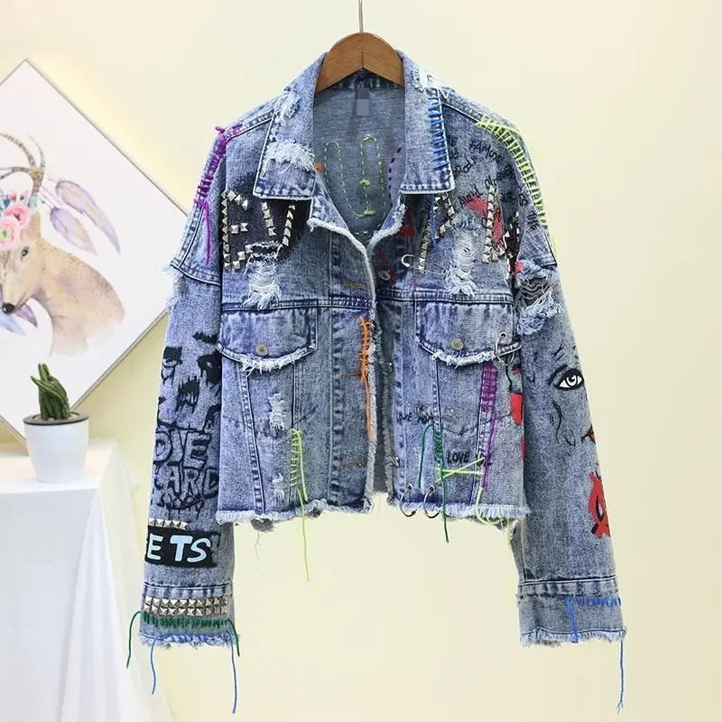 Graffiti Denim Short Jacket Raw Edge Cut Heavy Rivet Tassel