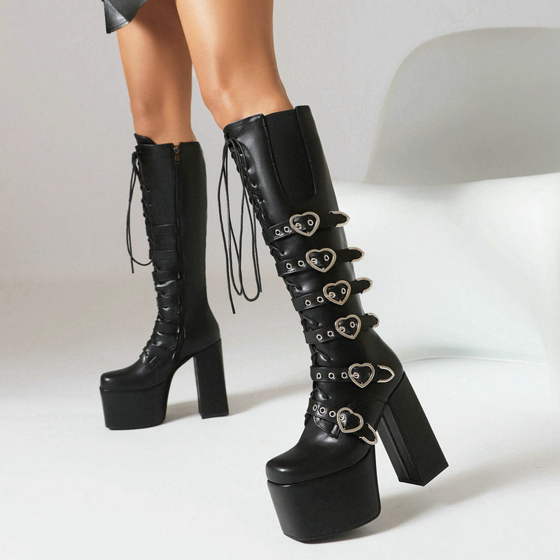 Unisex High Heel Punk Front Lace-up Multi Buckle High Leg Boots - Pleasures and Sins   Pleasures and Sins