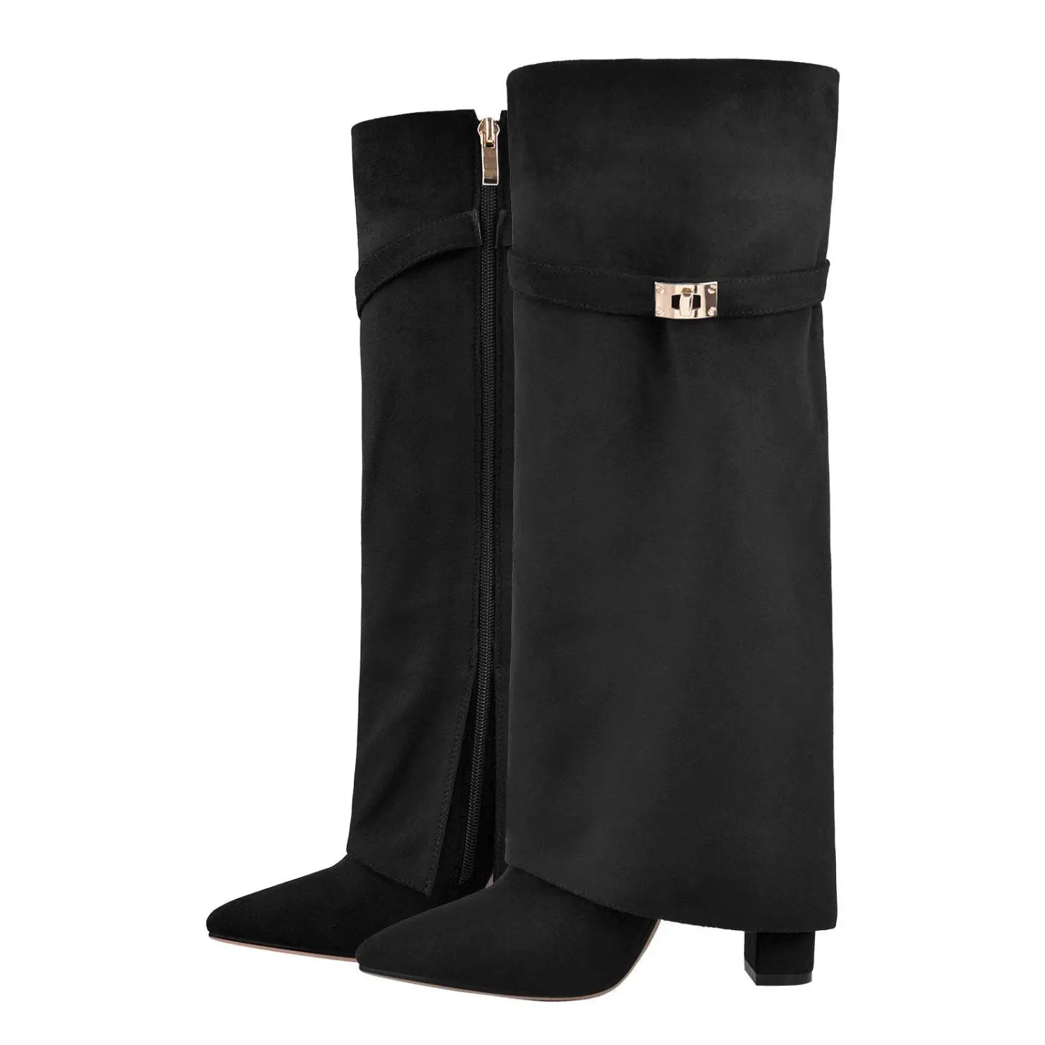 Bottes en daim noir à hauteur de genou avec des ferrures dorées, parfaites pour les dames style bout pointu.