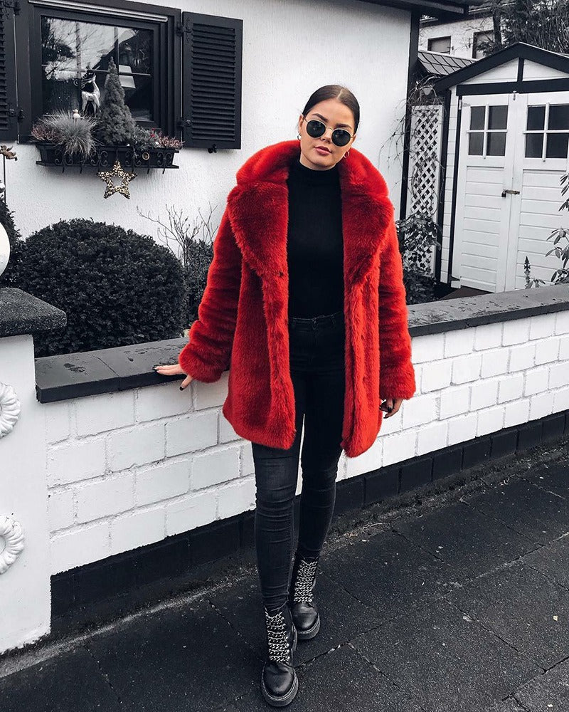 Fur plush warm loose jacket with thick collar and fur coat