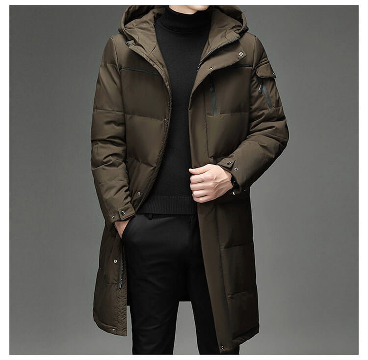 Mens knee length coat with thermal insulation in olive green, perfect for cold days.