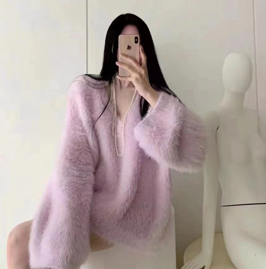 Knitted top women's loose fitting pullover imitation mink fur top