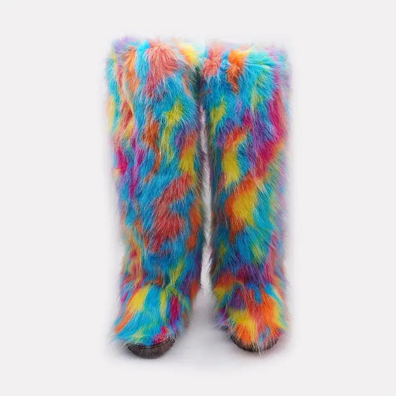 Rainbow-colored fluffy snow boots for women in knee high plush style for cozy fashion.