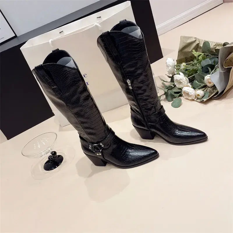 Riding Western Cowboy Knee High Boots Black Snake Print Low