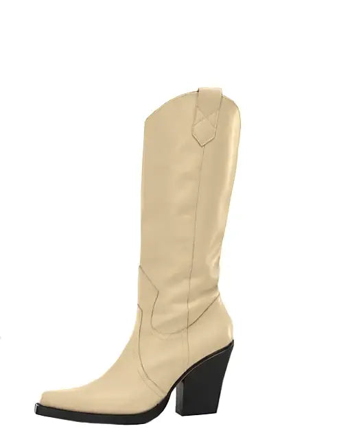 Unisex Knee High Cowboy Boots With Wedge Heels and Pointed