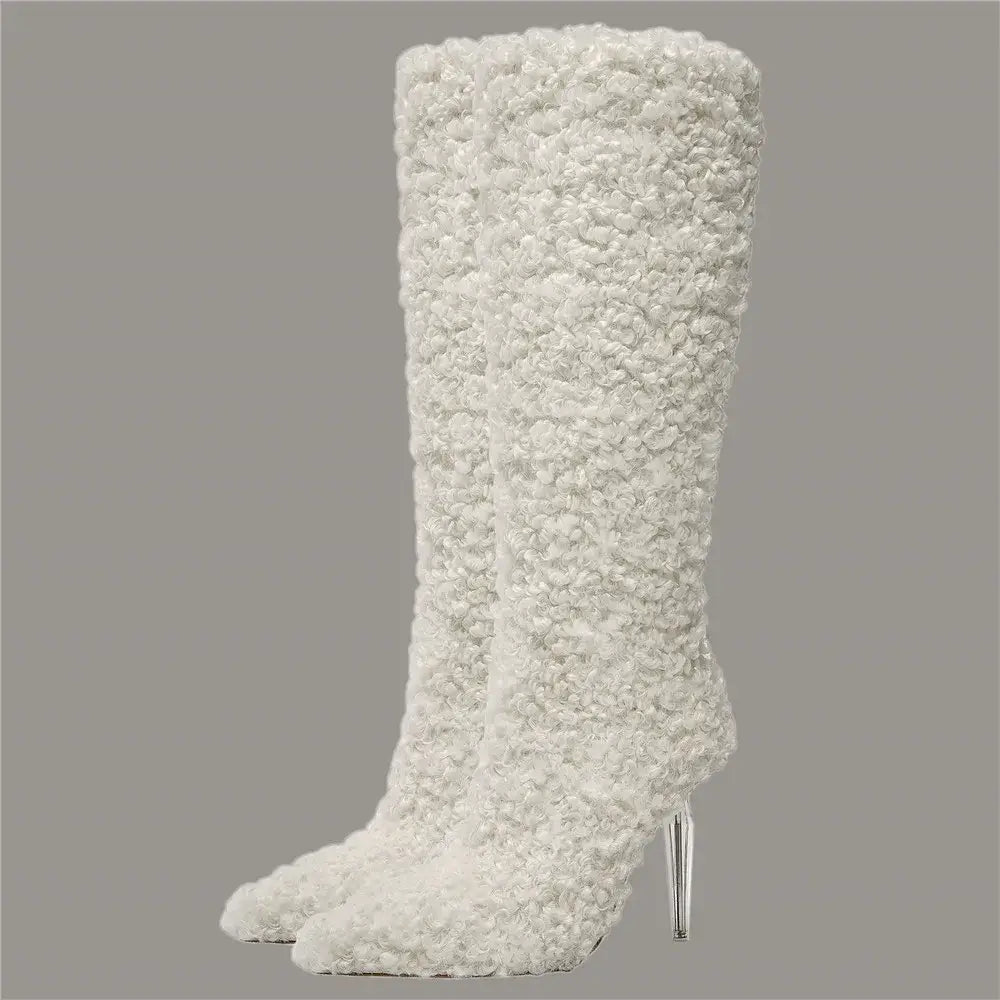 Tall White Furry Knee High Pointed Toe Boots featuring a stunning Crystal Transparent Heel