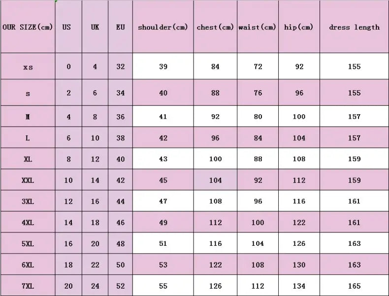 Size chart for Ladies African Print Traditional Fishtail Dress in centimeters.