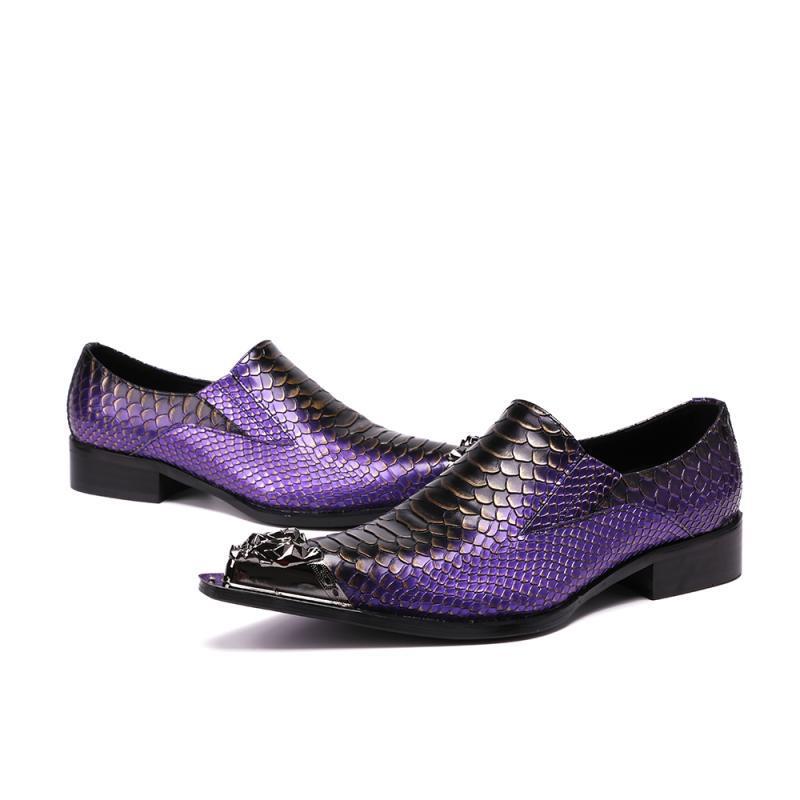 Purple leather crocodile design shoes with stylish snakeskin texture and metal toe caps.