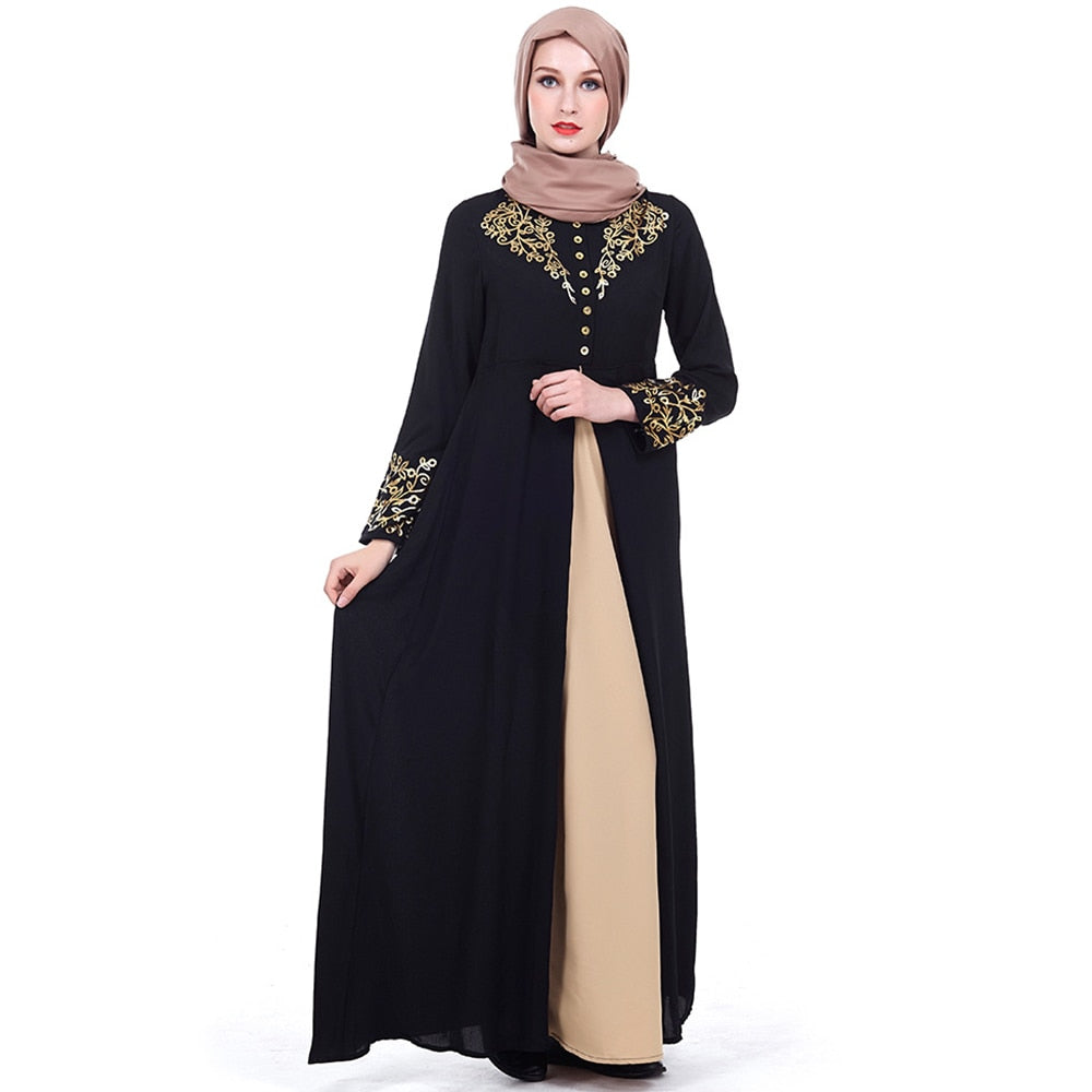 Gold Stamping Print Muslim Dress Women Dubai Abaya Black Robe Long Sleeve - Pleasures and Sins   Pleasures and Sins