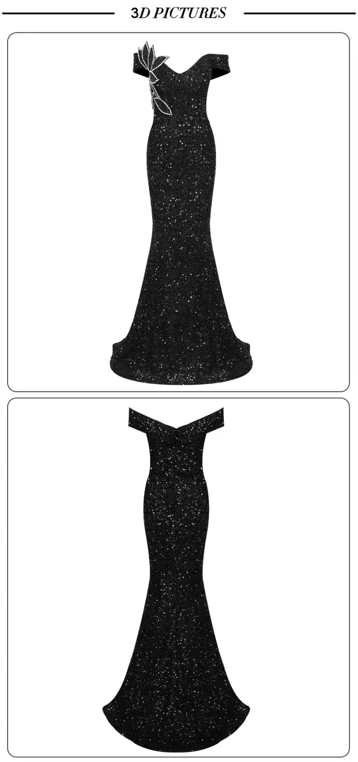 Elegant black diamante sequin evening gown with V-neck off-shoulder style.